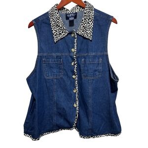 Original TY Wear Womens Button Top 2X Blue‎ Chambray Leopard Trim Y2K Western